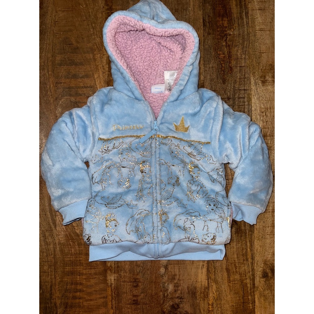 Disney Princess Girls Blue Faux Fur Sherpa Lined Zip Up Hoodie Jacket Gold Sz 5